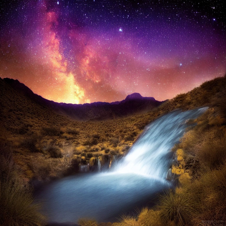 Scenic waterfall under starry sky with mountains and warm glow