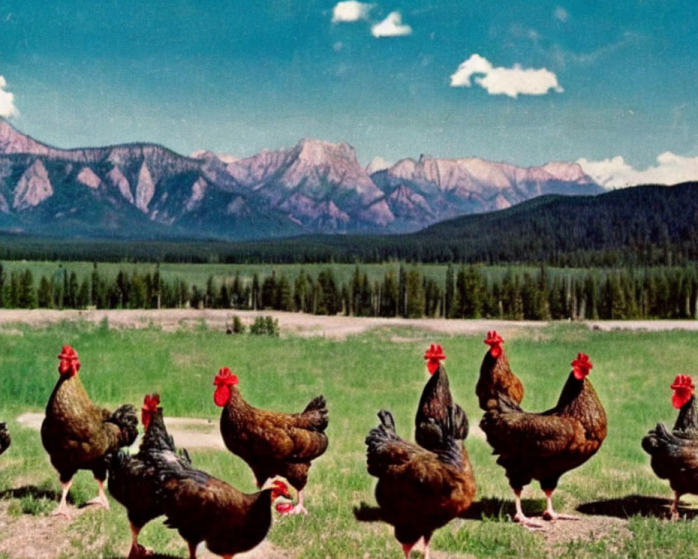 Chickens in foreground with green fields and mountain range under blue sky