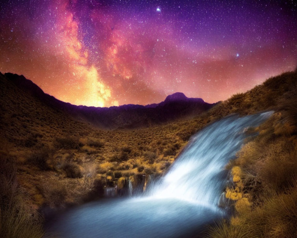Scenic waterfall under starry sky with mountains and warm glow