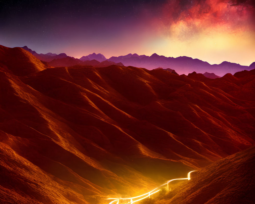 Scenic winding road through red mountains under starry sky