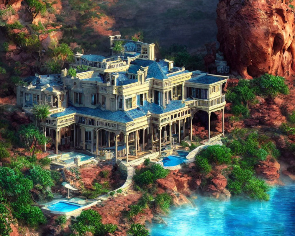 Luxurious mansion with balconies, pools, and lake in scenic setting
