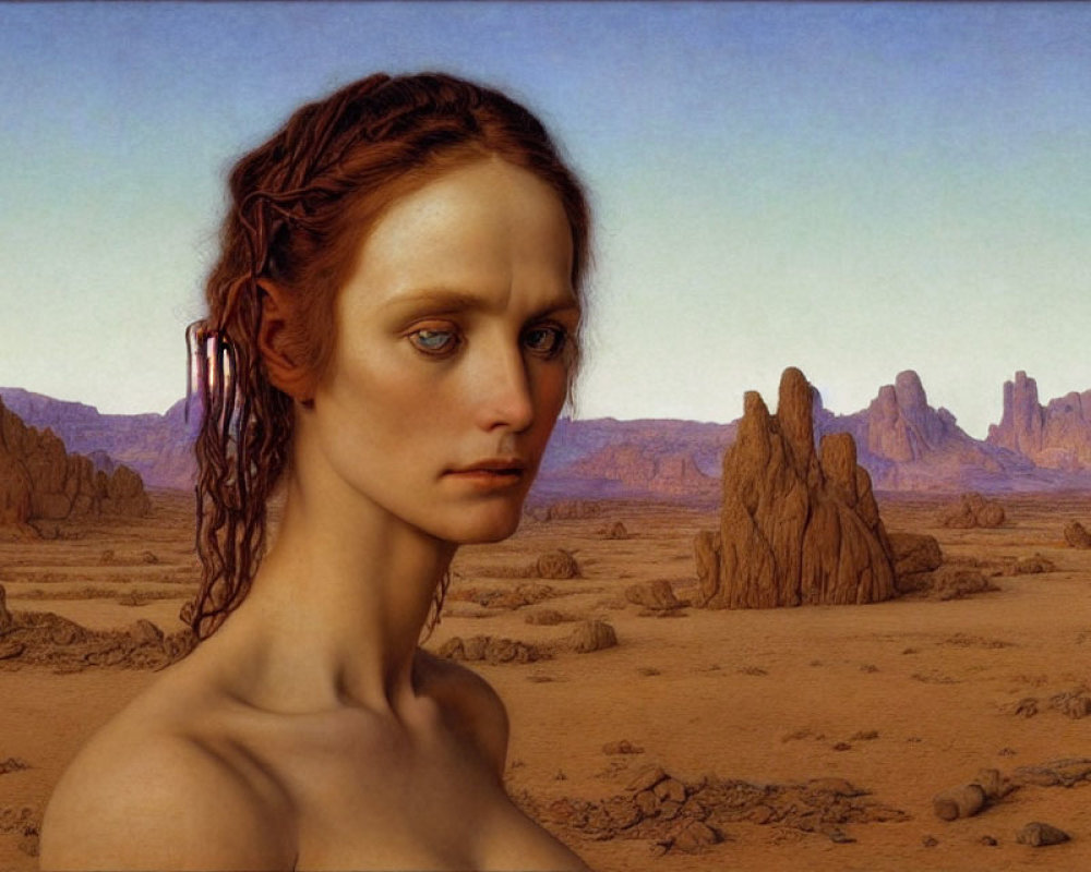 Red-haired woman in desert with rock formations and clear sky