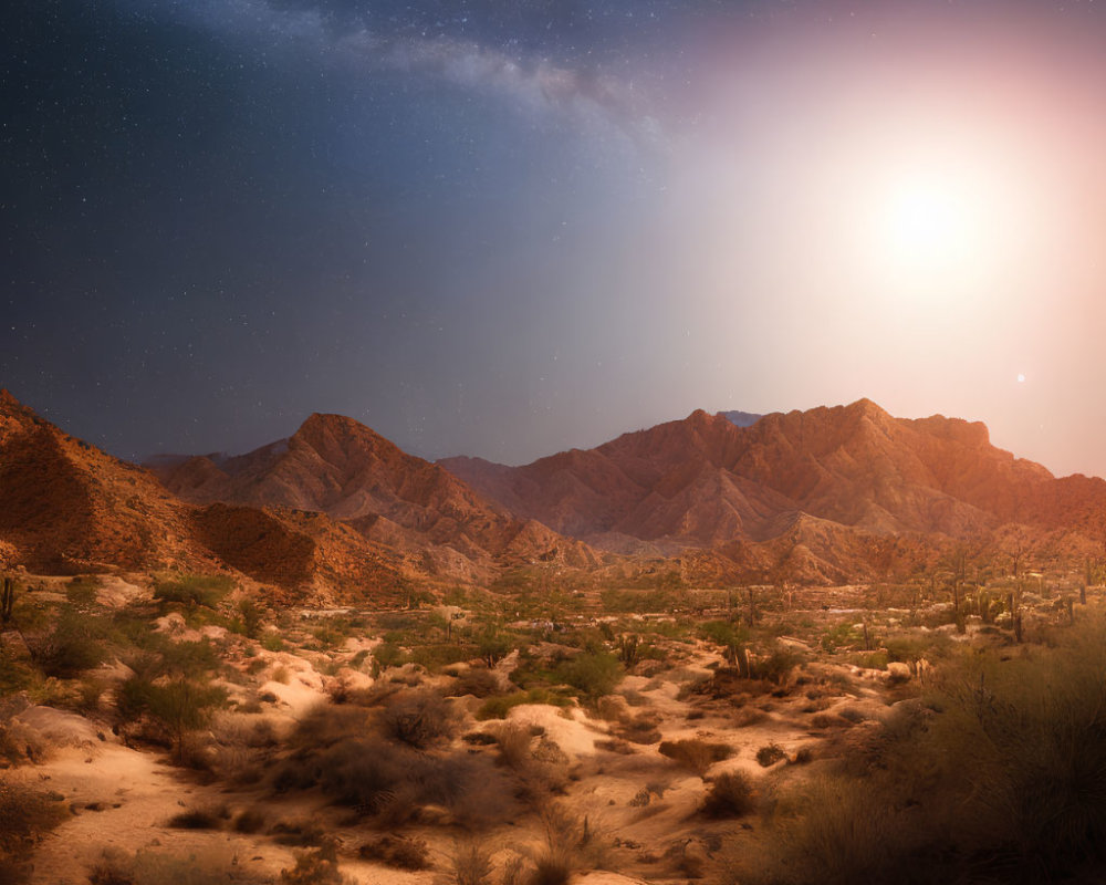 Desert Dusk Scene: Setting Sun, Starry Sky, Mountains, and Vegetation