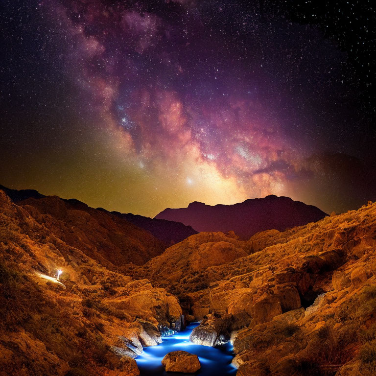 Starry night sky over rugged landscape with flowing water and lone camper's light