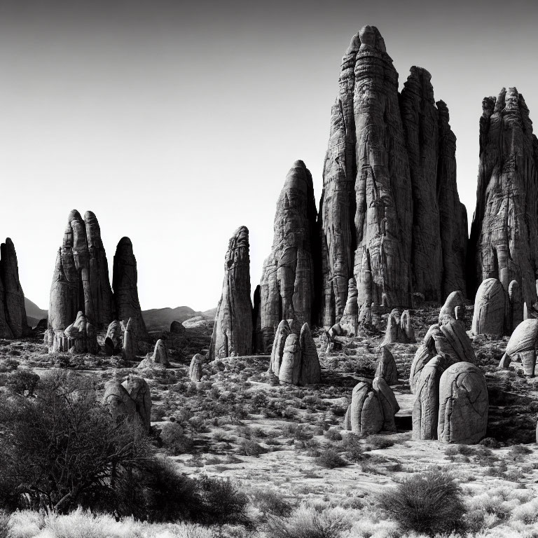 Majestic desert landscape with towering rocky spires and boulders