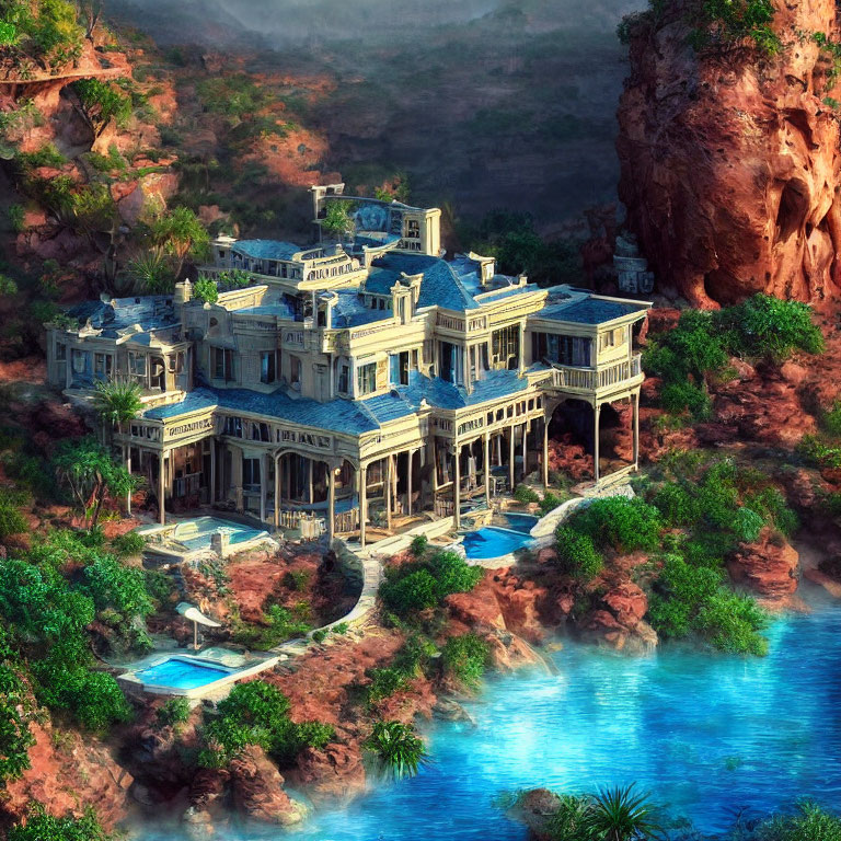 Luxurious mansion with balconies, pools, and lake in scenic setting