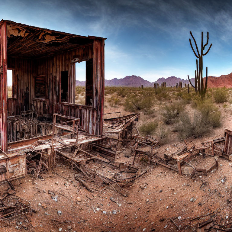Abandoned wooden shack in desert with cacti and mountains