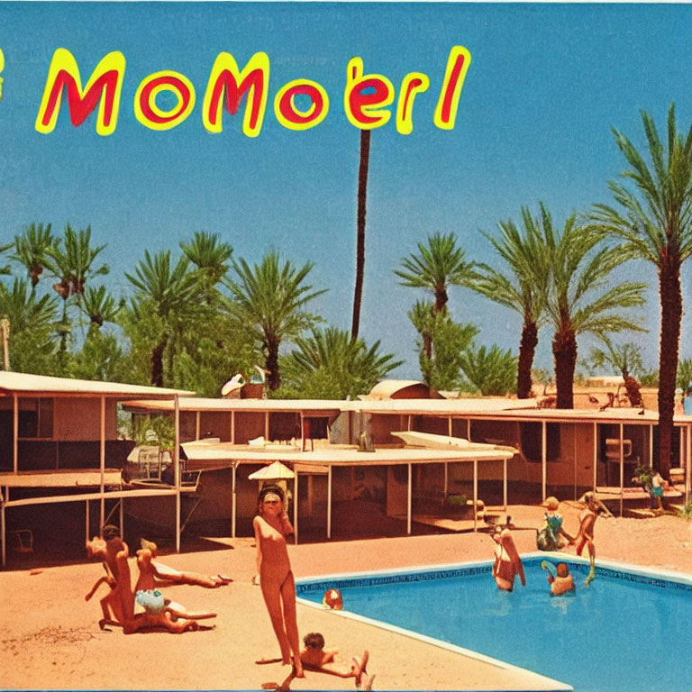 Vintage Motel Pool Scene with "MoMotel" Text and Palm Trees