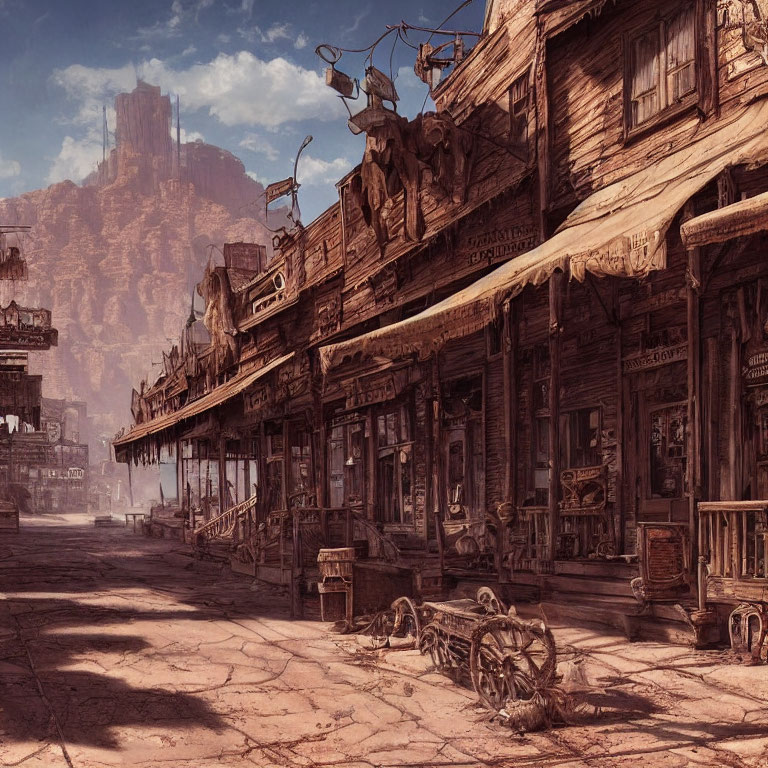 Desolate Western town with dilapidated buildings and towering cliffs
