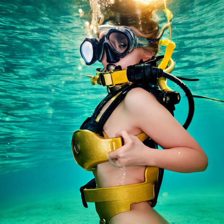 Child in scuba gear underwater with bubbles, facing camera.