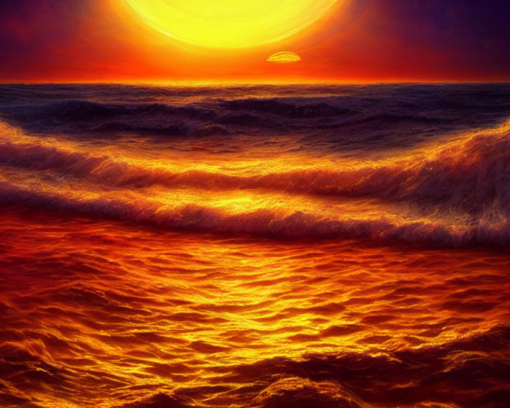 Fiery sunset over turbulent sea with vibrant orange and red hues