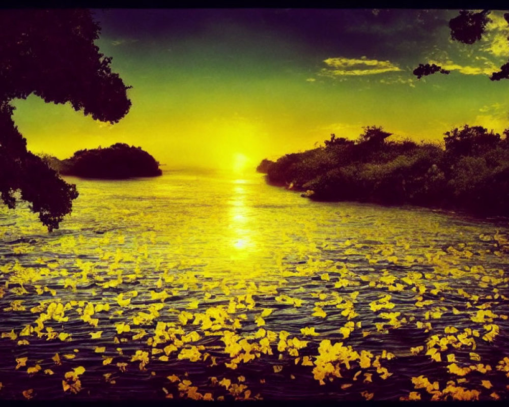 Scenic sunset over calm river with yellow petals and silhouetted trees