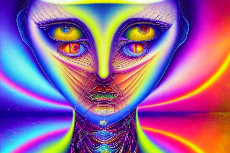 Colorful Psychedelic Humanoid Face with Multiple Eyes in Neon Spectrum
