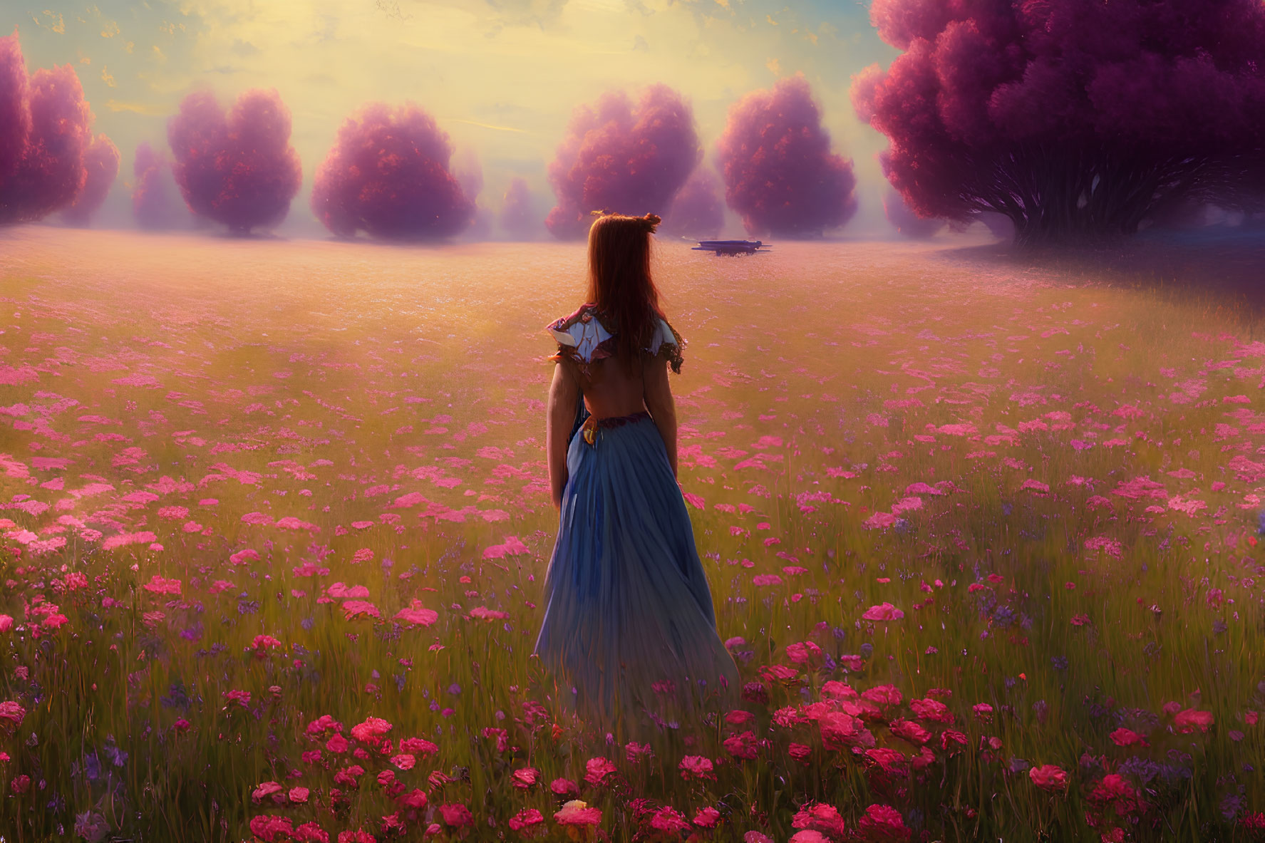 Woman in Blue Dress Surrounded by Pink Flowers and Purple Trees at Sunset