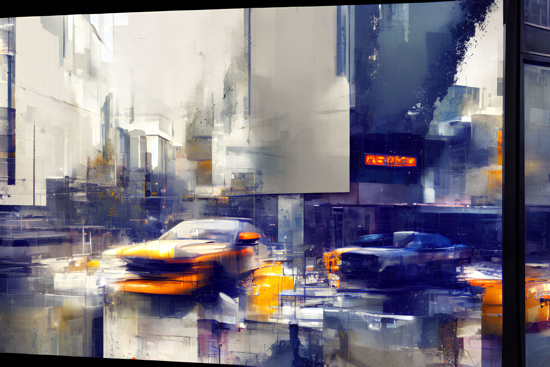 Colorful cityscape painting with dynamic brushstrokes capturing cars in motion on an urban street.
