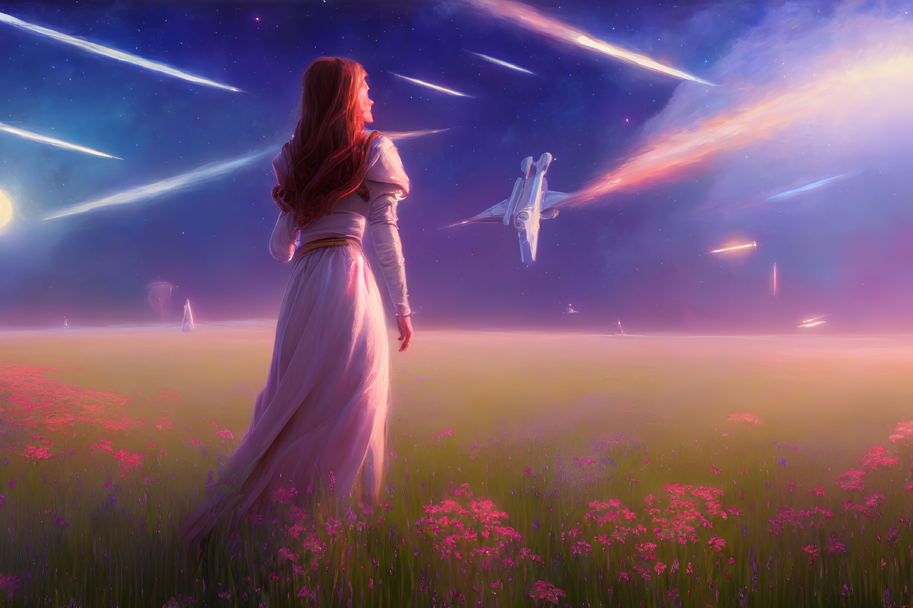 Woman in White Dress Observes Starship in Field of Pink Flowers