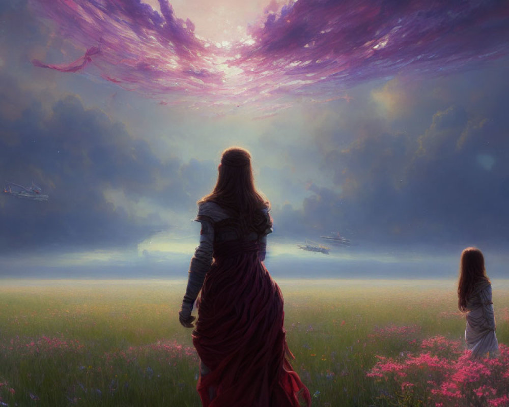 Woman and child in vibrant field with surreal purple sky and flying ships
