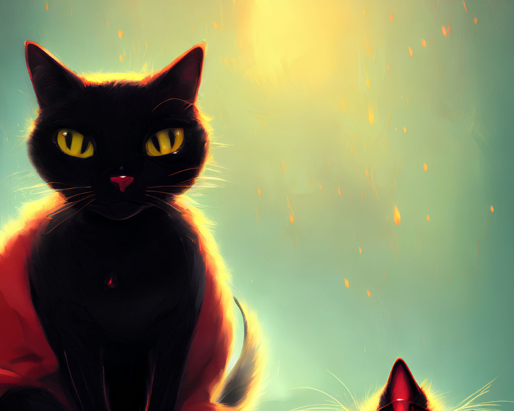 Digital Art: Black Cat with Yellow Eyes in Red Cloak on Warm Background
