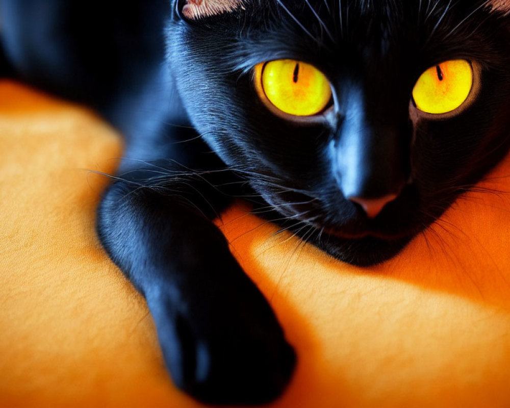 Black Cat with Yellow Eyes on Orange Surface - Intense Gaze