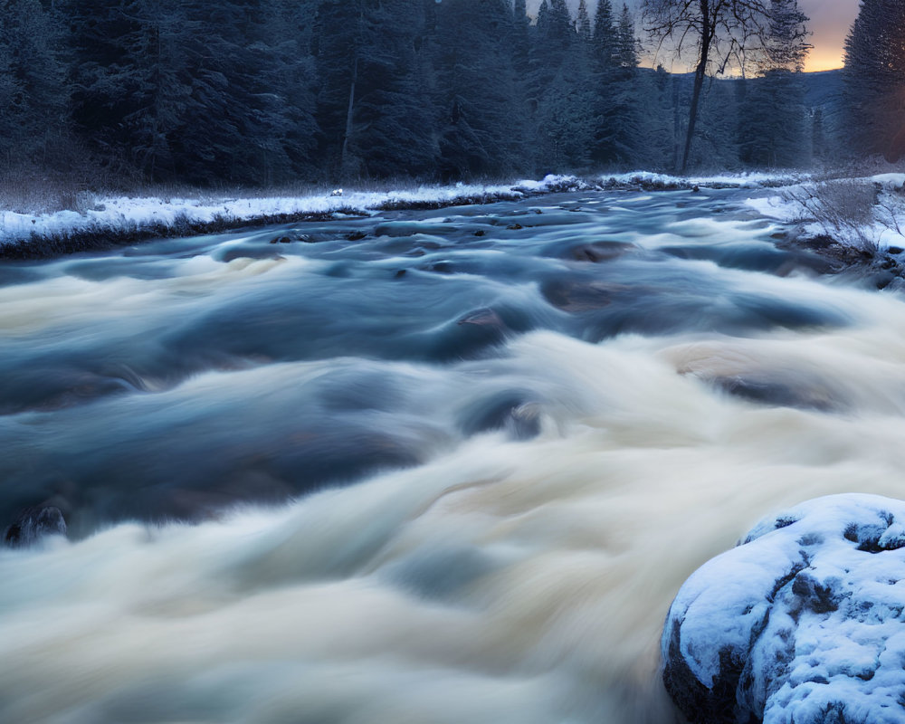 Snowy Riverbank at Twilight with Fast-Flowing River & Sun Setting