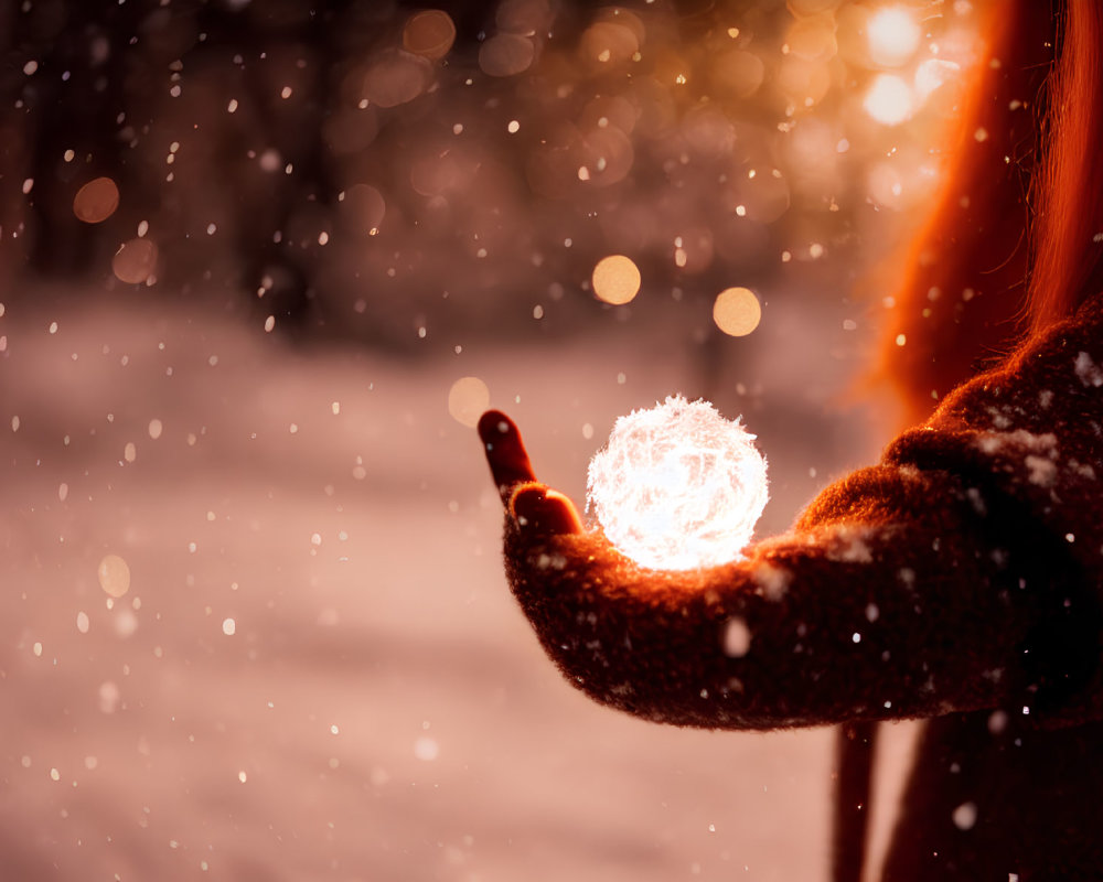 Person in Winter Coat Holding Glowing Orb in Snowfall
