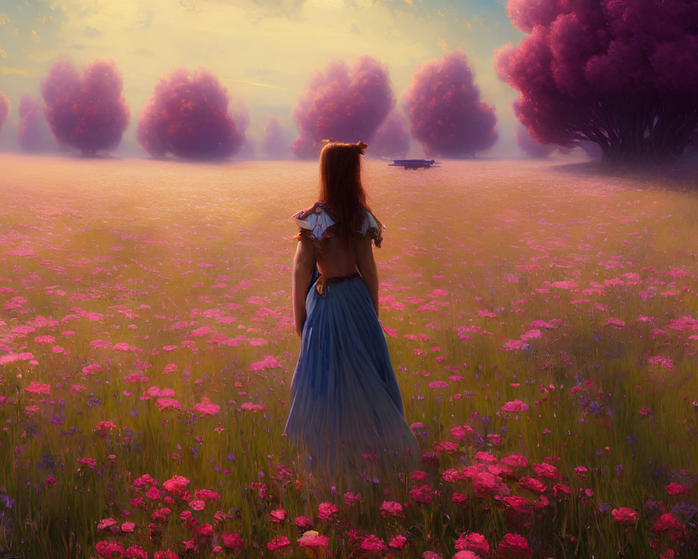Woman in Blue Dress Surrounded by Pink Flowers and Purple Trees at Sunset