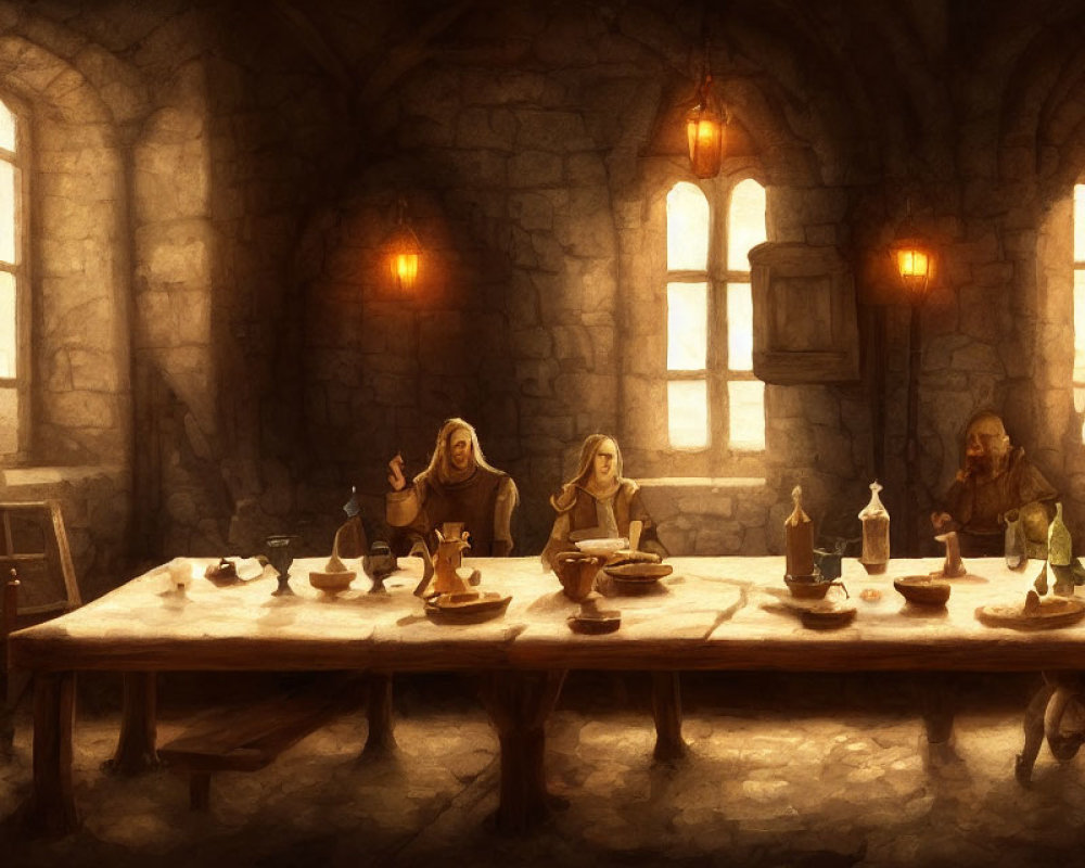 Medieval-themed dining scene with three people in castle hall