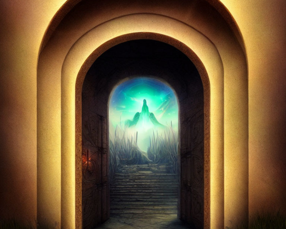 Arched doorway reveals glowing fantasy landscape with mountain silhouette and mystical structures