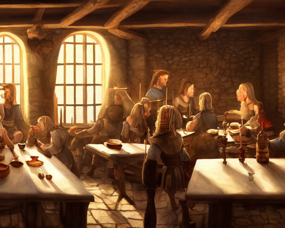 Medieval tavern scene with diners in warm, rustic setting