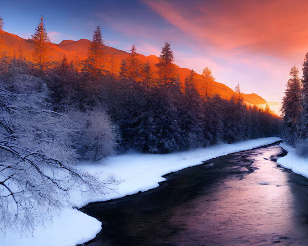 Snow-covered winter landscape with frozen river and golden sunrise light