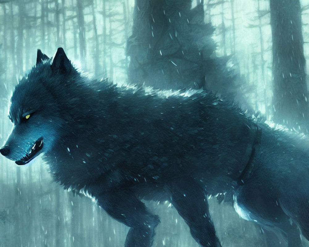 Blue wolf with glowing eyes in misty snow-covered forest