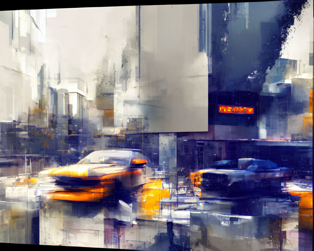 Colorful cityscape painting with dynamic brushstrokes capturing cars in motion on an urban street.
