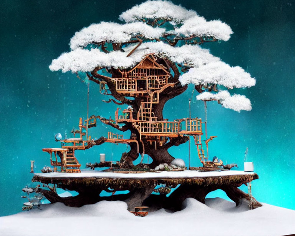 Miniature Snow-Covered Treehouse on Turquoise Background