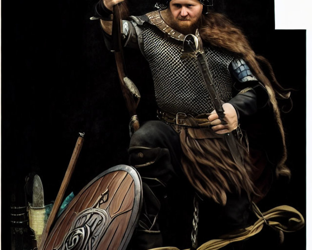 Viking warrior in chainmail armor with sword and shield in battle