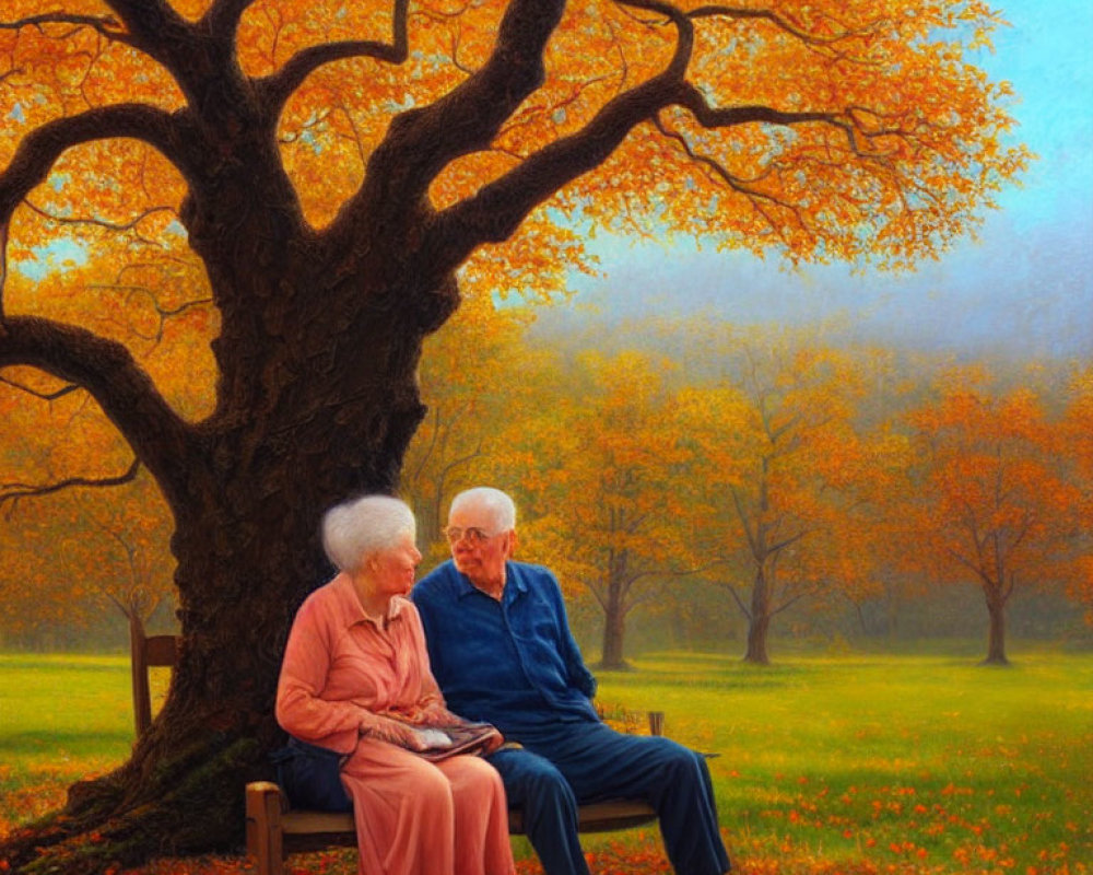 Elderly couple on bench under autumn tree in misty landscape