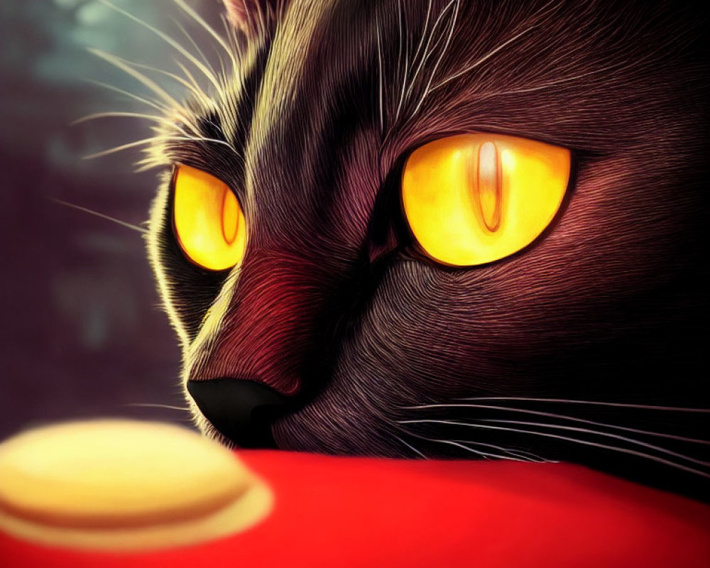 Illustration of black cat with yellow eyes and prominent whiskers on red background