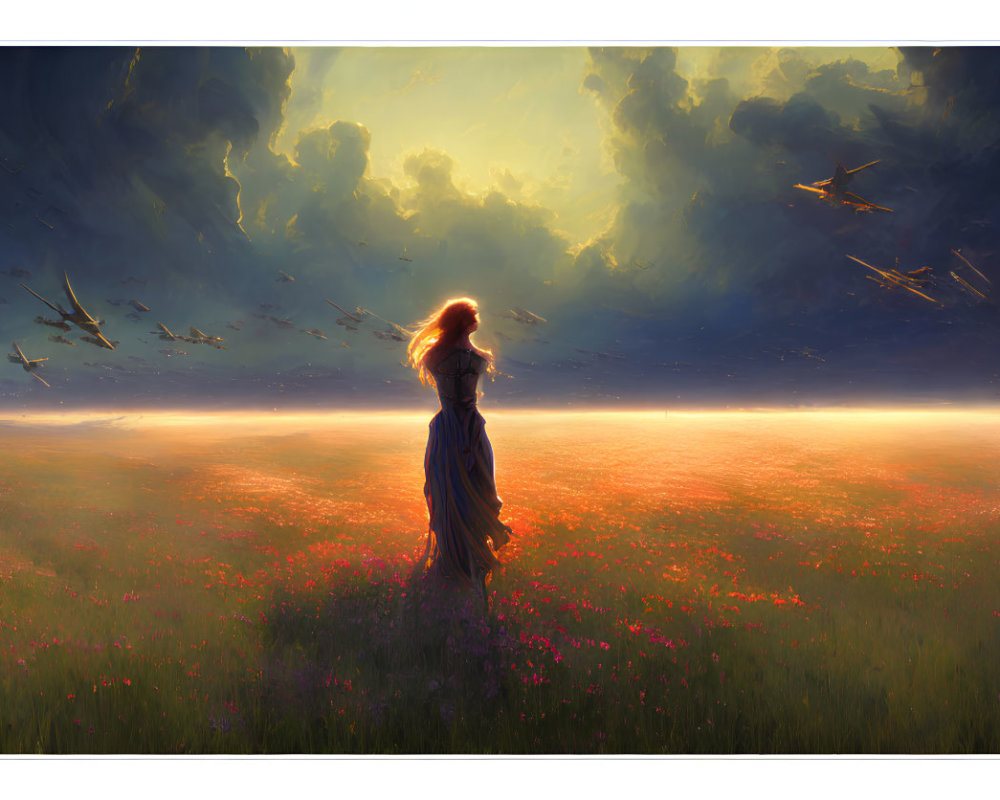 Woman in Blue Dress Stands in Orange Flower Field under Dramatic Sky