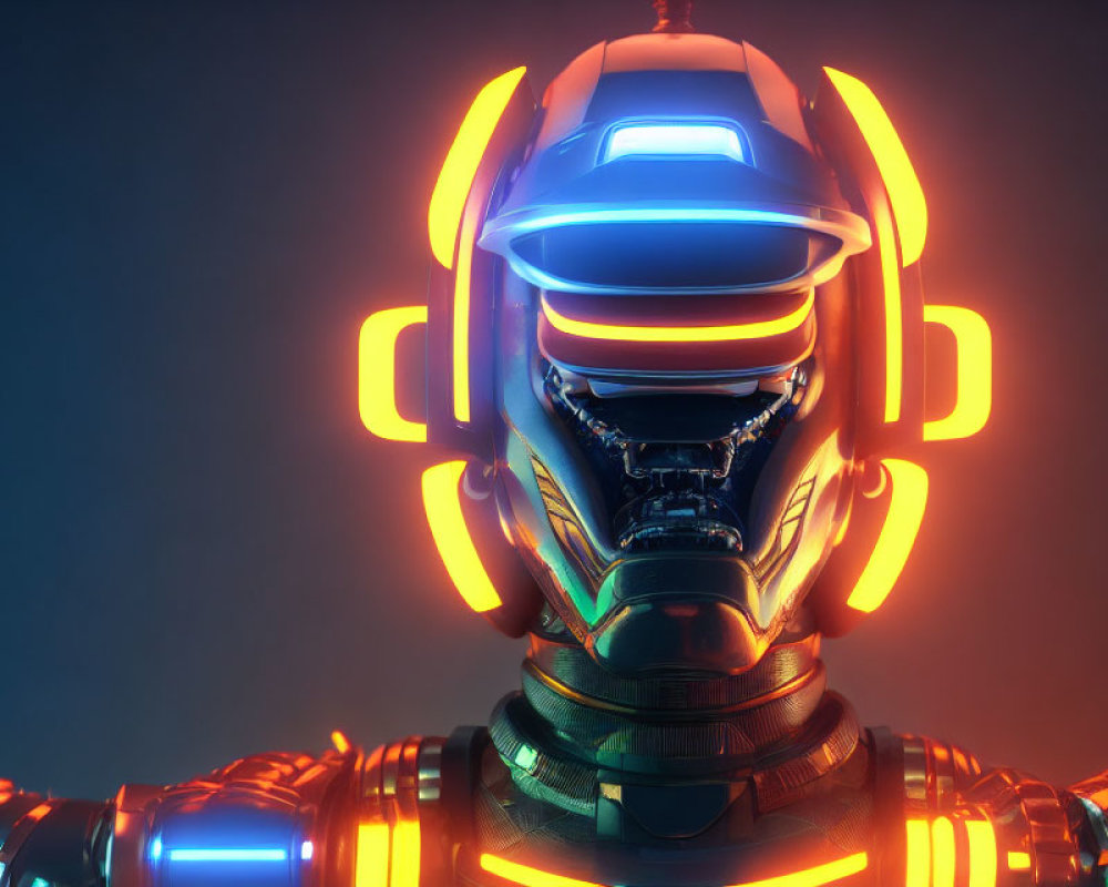 Futuristic robot head with glowing neon lights on dark background