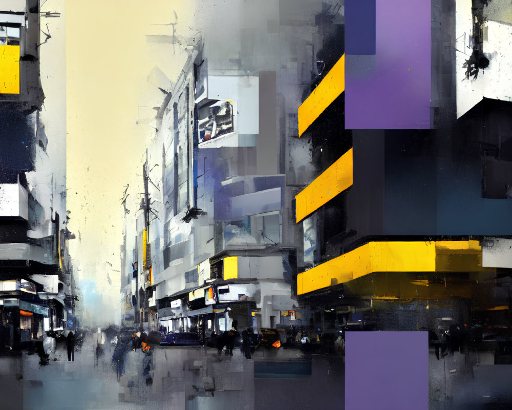 Colorful Abstract Cityscape Painting with Yellow and Purple Accents