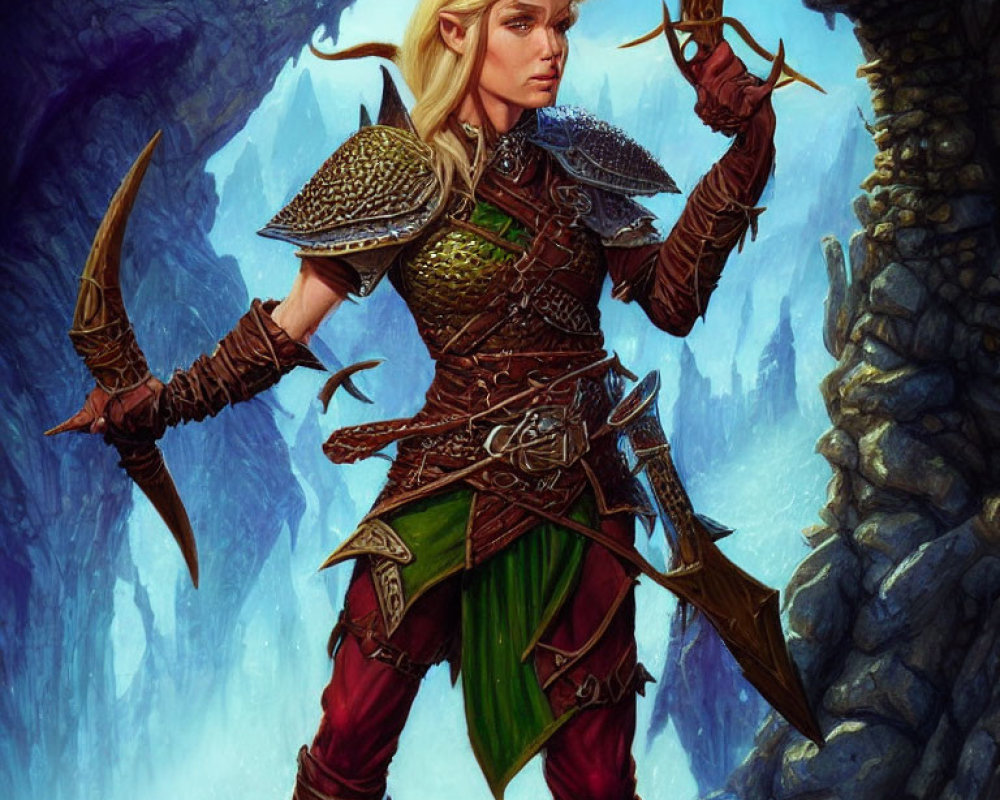 Elven warrior with ornate daggers in rocky terrain
