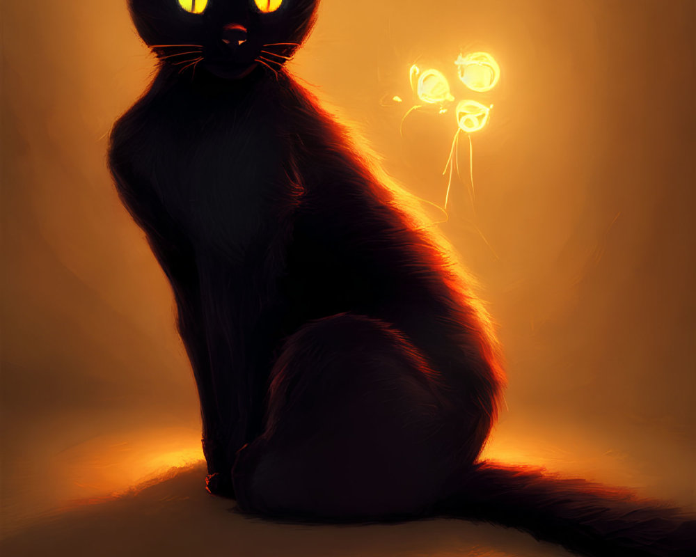 Digital Art: Black Cat with Glowing Yellow Eyes and Mysterious Shadow Face