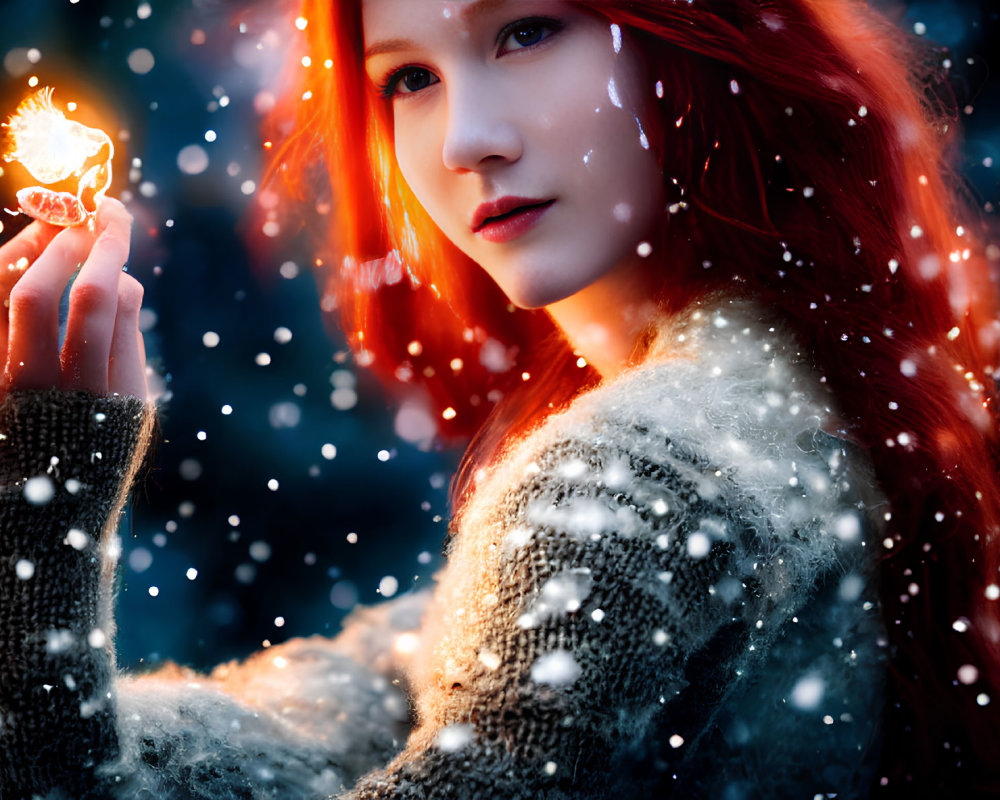 Red-haired person in sweater holding light in falling snowflakes under blue backdrop