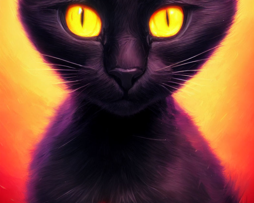 Digital Artwork: Black Cat with Glowing Yellow Eyes on Warm Background