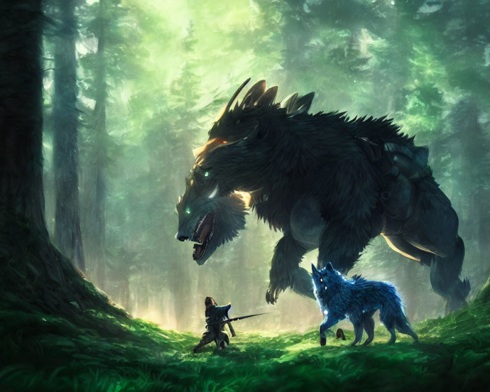 Knight confronts menacing beast with glowing blue wolf in forest