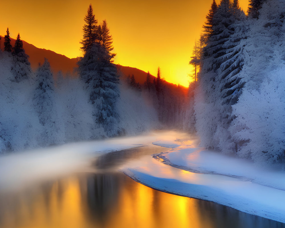 Snow-covered trees by misty river in winter sunset.