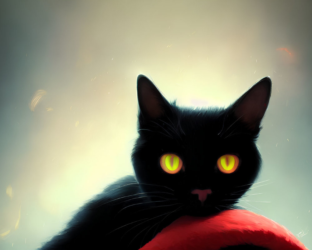 Black Cat with Green Eyes Resting on Red Surface Under Soft Lighting
