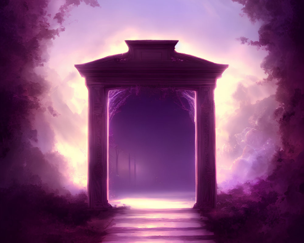 Ethereal archway glowing with purple light in misty dreamlike landscape