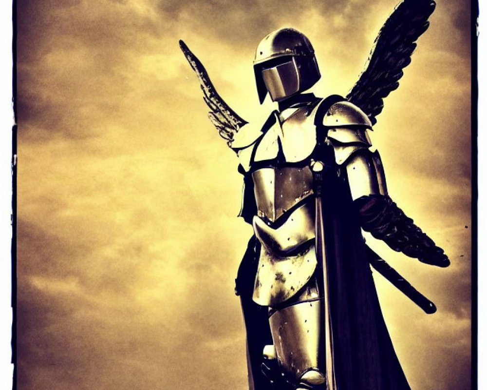 Knight in Full Armor with Wings Under Dramatic Sky