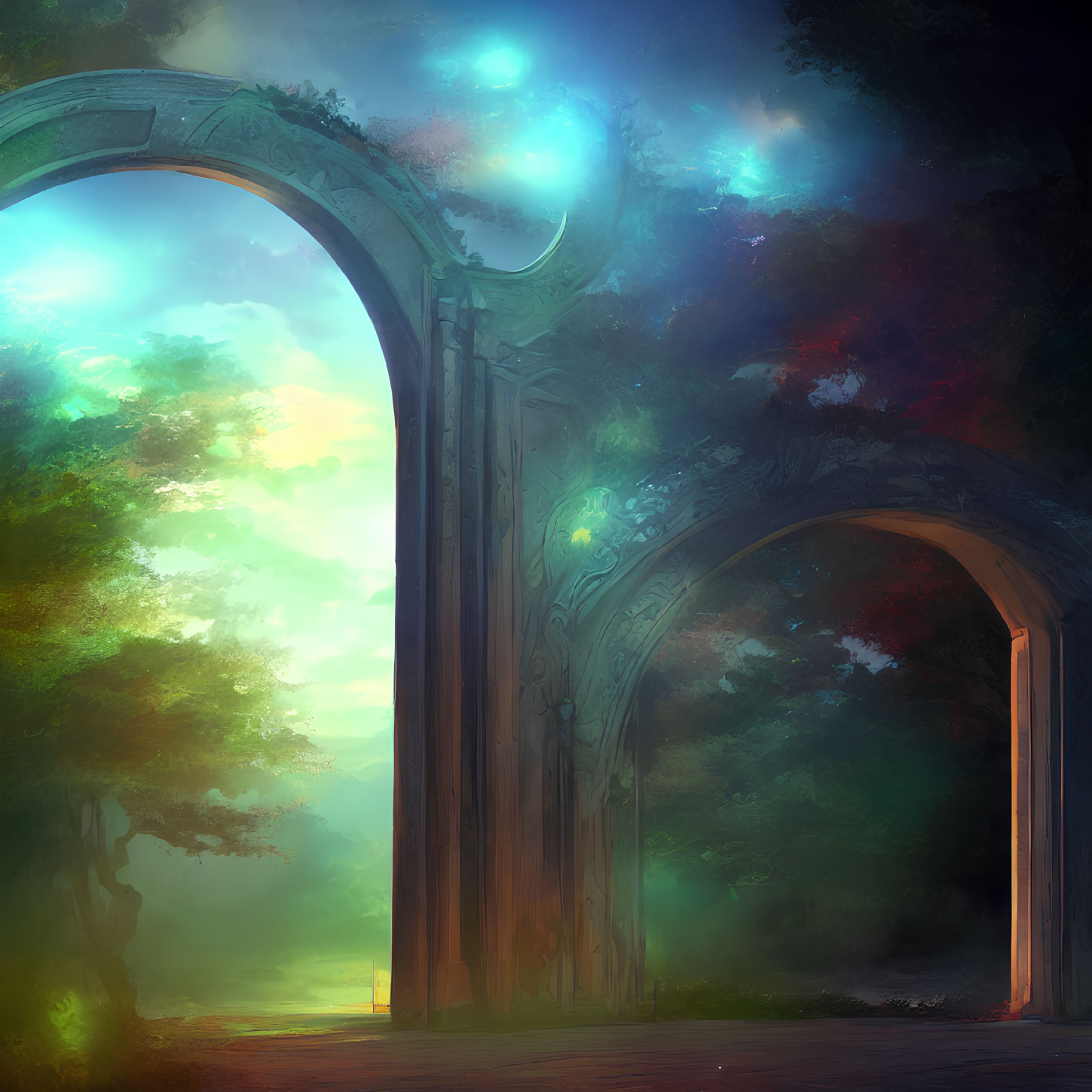 Majestic arched ruins in ethereal forest scene