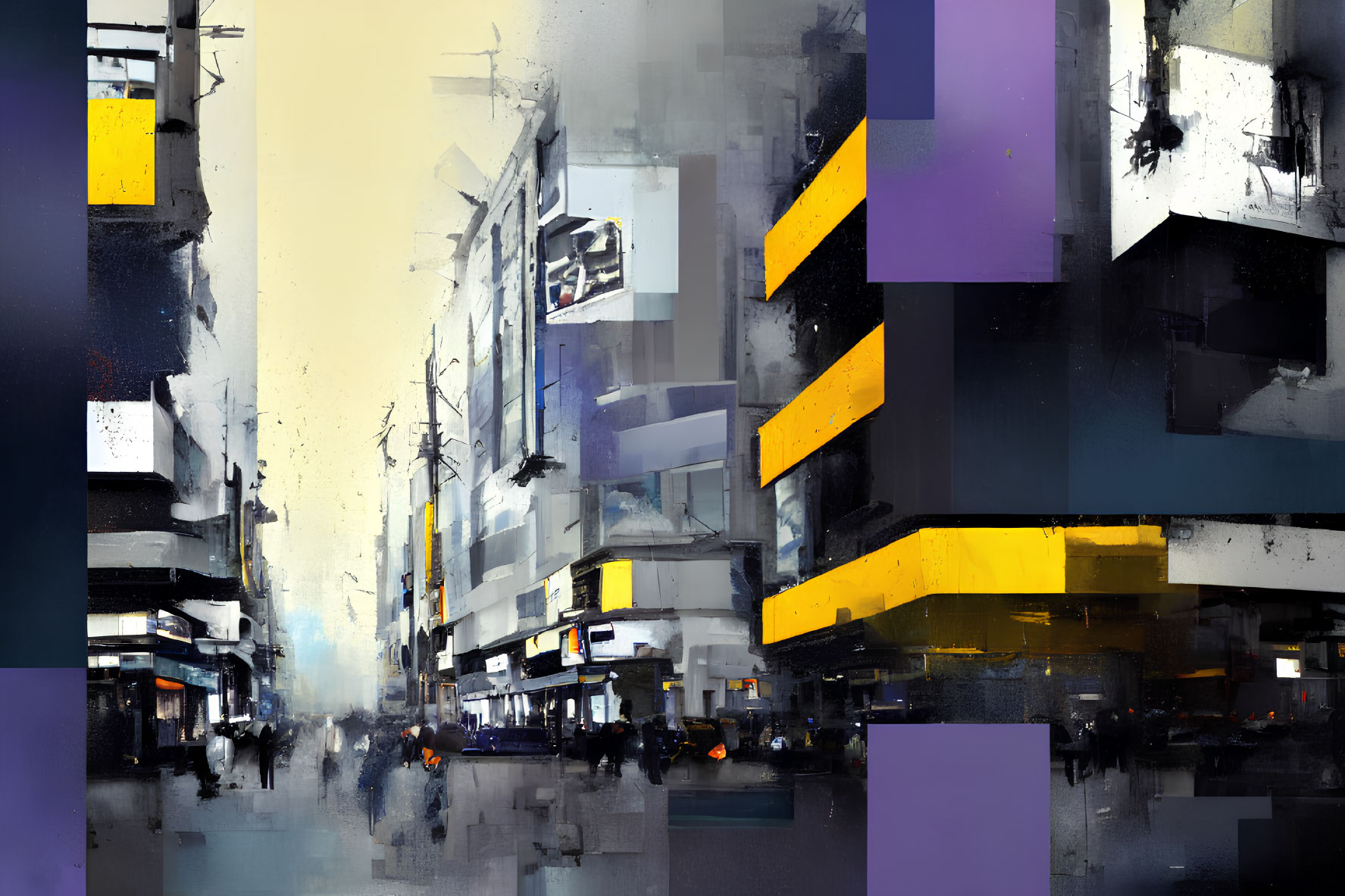 Colorful Abstract Cityscape Painting with Yellow and Purple Accents